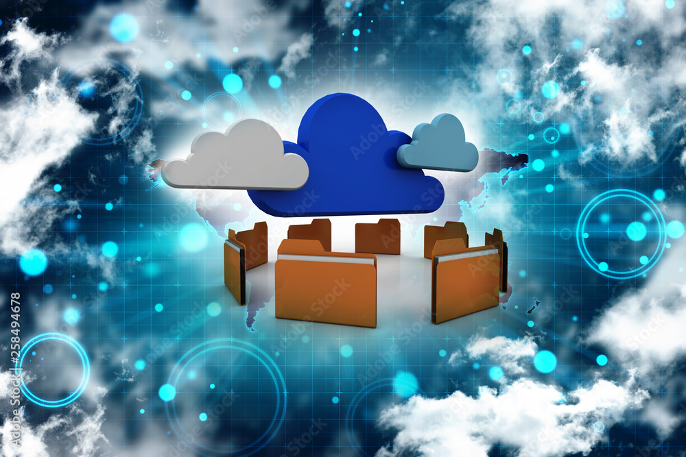 Poster 3d illustration of file data storage in cloud. cloud computing, cloud storage concept.