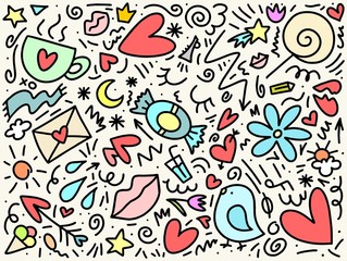 Love and date doodle colorful hand drawn pattern with bird, heart, flowers and crown. Happy Valentine`s Day illustration background