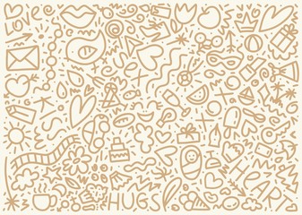 Doodle hand drawn love and beauty pattern with hearts, lips, baby and other elements. Girl`s dreams background pattern