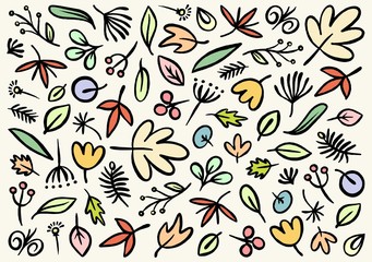 Doodle simple vector hand drawn pattern with colorful leafs and flowers. Nature outline background floral pattern