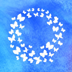 White butterflies dancing against the blue sky. Watercolor illustration