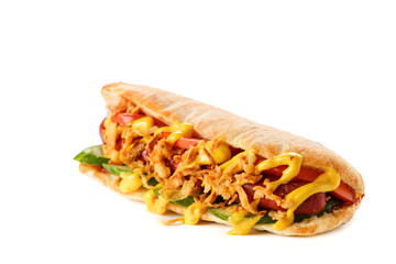 hot dog with tomato and sauce on white background
