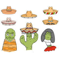 SeCinco De Mayo stickers sombrero, cactus, skills, flat illustration for greeting card, ad, promotion, poster, flier, blog, article, social media, marketing