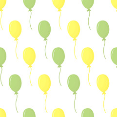 Seamless pattern with yellow and green balloons in flat style isolated on white. Background for birthday, holiday, greeting and gift card