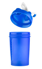 Blue shaker for sports nutrition with an open lid