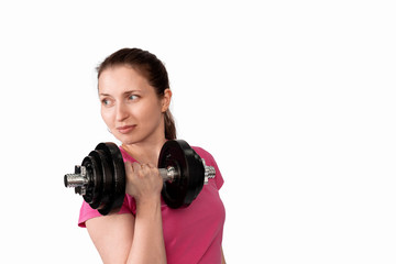 portrait of a woman with dumbbells on a white background