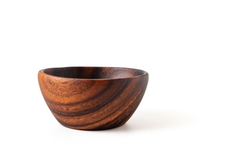 Empty wood bowl or cup in dark brown color isolated on white table background by side view.