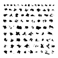 Paint stains isolated on white. Set of 85 High quality black ink splatters. Grunge artistic elements of design. Collection of spray liquid and drops. Easy to edit template.
