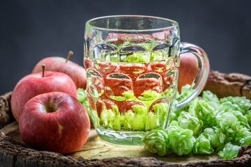 Sweet and cold cider beer with hops, wheat and apples