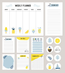 Set of cute summer planners and to do list with Scandinavian design style and lettering. Template for stationery. Isolated. Vector illustration. Stickers.