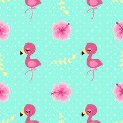 Pattern with cute pink flamingo and yellow flowers. Children's character.