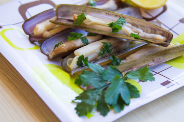 seafood, razor clams grilled with oil and parsley