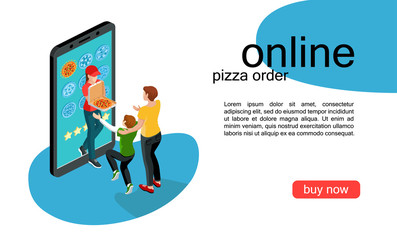 Isometric composition of online pizza order concept. Delivery to door. Woman courier with pizza box and woman and kid customers. Smartphone with menu. Vector illustration.