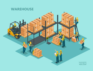 Isometric illustration of delivery and logistics concept. Warehouse with boxes, people and forklift truck. 3d effect vector.