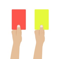 Soccer referees hand holding red and yellow cards. Football judge hand with a card.