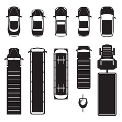 Collection of car icons, silhouette. Top of view. Vector illustration isolated on white background