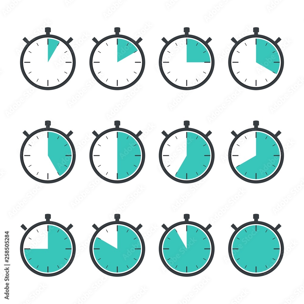 Poster set of timers. timer indicators showing from 5 minutes to 60 minutes. stopwatch icon. time and sport