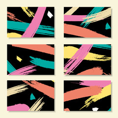 Collection of bright cards. Multicolored brush strokes on a black background