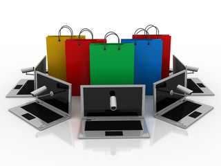 3d rendering Surveillance CCTV Security Camera connected laptop with shopping bag