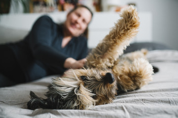 Dog relaxing on the bed with his female owner