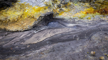 Hot mud and boilng sulphuric acid water on the lahar field, White Island active volcano, New Zealand