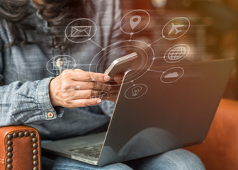 Digital marketing via multi-channel communication network icon on mobile smartphone application technology