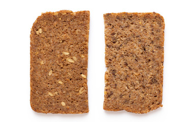 Rye bread slice on a white background.