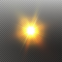 Bright shining sun Isolated on black background. Glow light effect. Vector illustration