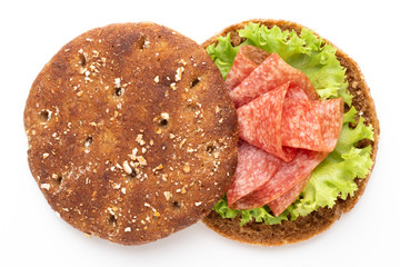 Sandwich with ham sausage on white background.