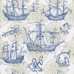 Old caravel, vintage sailboat, sea monster. Vector seamless pattern