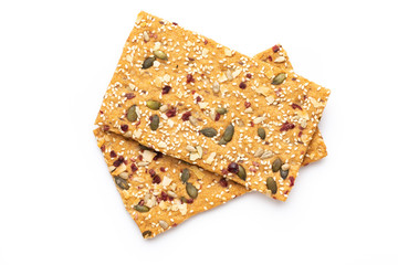 Rye bread slice on a white background.