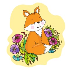 Fototapeta premium Doodle cute little Fox in flowers