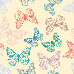 Cute detailed butterflies, seamless pattern in soft colours