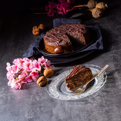 juicy poppy seed cake with apples and chocolate glaze
