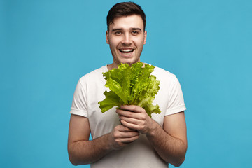 Isolated image of happy handsome young male vegan smiling excitedly holding fresh green lettuce with large crispy leaves, going to make healthy vegetation salad. Raw food, health and nutrition