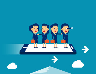 Business team fying on smarthphone. Concept business vector illustratoin, Meeting, Teamwork.