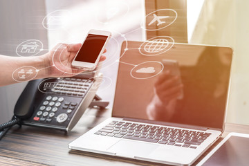 Digital marketing via multi-channel communication network icon on mobile smartphone application technology and VOIP voice over internet protocol telephone service concept