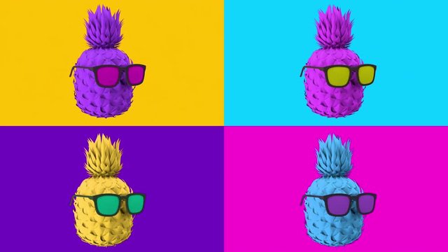 Four colored pineapples in glasses are spinning on a colorful background consisting of four parts. Minimal, zine, abstract collage, graphics, motion design, 3d animation.
