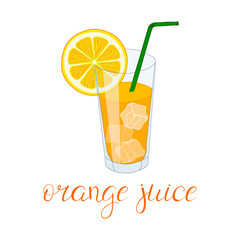 Glass of orange juice with ice. Hand drawn vector postcard.