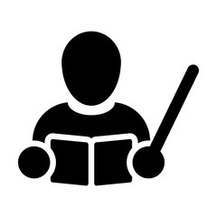 Academic icon vector male teacher person profile avatar with book symbol for school, college and university education in flat color glyph pictogram illustration