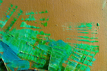 Abstract oil painting on canvas. Oil paint texture. Brush and palette knife strokes. Multi colored background. Close up acrylic paint. Horizontal artwork fragment. 