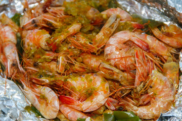Close-up of shrimps baked in foil