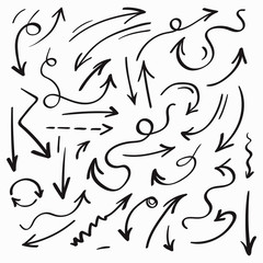 Collection of black hand drawn arrows isolated on white background. Vector illustration.