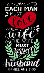Hand lettering with bible verse Each man must love his wife on black background.
