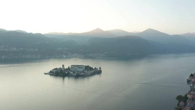 island in the lake aerial view - orta san giulio (Italy) - shot from 4k drone in 2019