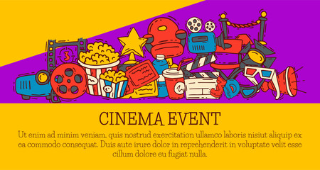 Cinema event poster flyer media production background vector. Sale ticket banner. Movie time and entertainment concept. Camera cinematography advertising flat illustration.