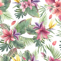 Fotobehang Watercolor seamless pattern of tropical flowers and leaves on white background © Kateryna