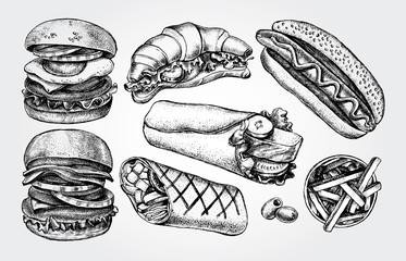 Ink hand drawn set of various burgers, hot dog, burrito, French fries, pizza slice. Food elements collection for menu or signboard design. Vector illustration.