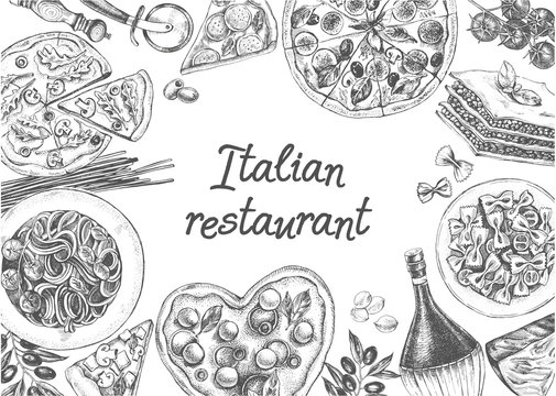 Background with Ink hand drawn products and dishes of Italian cuisine. food elements composition. Vector illustration.