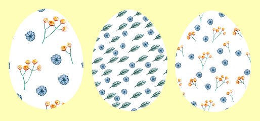 Set of 3 Easter eggs on a yellow background with a pattern of wild flowers.